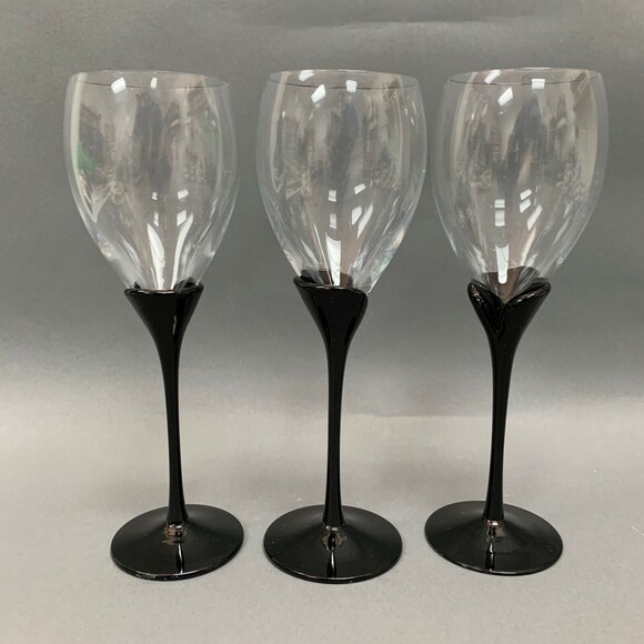 Clear Black Tulip Stem Wine Glass Glasses 9 3/8" high Lot of 3 - Picture 1 of 5